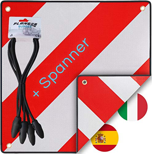 PLANGER® - Panneau d'avertissement Italie et Espagne (Panneau + Tendeur) 2en1 (50 x 50 cm) - Panneau d'avertissement réfléchissant rouge et blanc pour porte-bagages arrière et porte-vélos