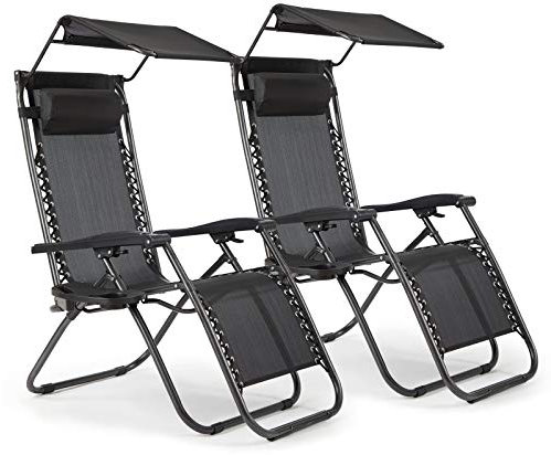 IntimaTe WM Heart Chaise Longue Jardin, Transat ​Jardin Exterieur avec Pare Soleil, Lot 2 Chaise Longue Pliante avec Appuis-Tête, Porte-Gobelet, Fauteuil Relax Jardin Plein Air, Noir