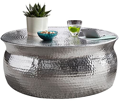 möbelando Couchtisch 75x31x75cm Aluminium Silber Beistelltisch orientalisch rund | Flacher Hammerschlag Sofatisch Metall | Design Wohnzimmertisch modern | Loungetisch indisch Stubentisch klein