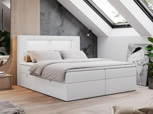 MKS MEBLE Boxspringbett 160x200 mit Led Weiß Kunstleder, Polsterbett Bett mit Topper T25 und Kopfteil, Multipocket Matratze H4, Doppelbett mit Bettkasten Stauraumbett - Gold-5 - Weiß Kunstleder