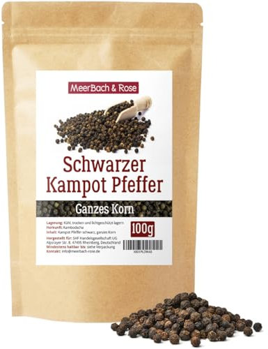 Kampot Pfeffer schwarz 100g, feinster schwarzer Kampot Pfeffer aus Kambodscha, schwarzer Pfeffer, ganze Pfefferkörner für die Pfeffermühle