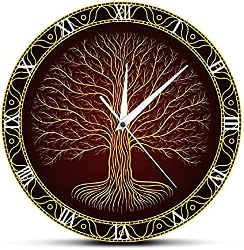 Orologio da parete Simbolo sacro nordico Druidico Yggdrasil albero stampato Orologio da parete albero della vita Viking amuleto mistico Wall Art Decor Muto Wall Watch