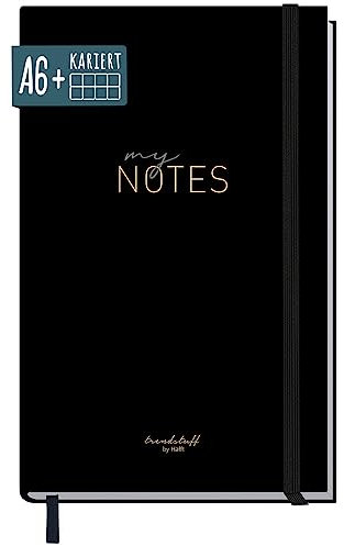 Notizbuch kariert A6+ mit Gummiband [Black Edition Gold] mit 156 Seiten, 78 Blatt | Notizheft, Bullet Journal, Tagebuch von Trendstuff by Häfft | nachhaltig & klimafreundlich