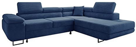 Easy4You Ecksofa Blau Avatar Kord L-Form – 277x73x203 cm - Schlafsofa mit Bettkasten und Schlaffunktion - Eckcouch mit Stauraum – Rechts – Stoff Kord POSO 05