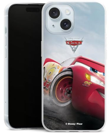 Slim Case extra dünn kompatibel mit Apple iPhone 15 Silikon Handyhülle transparent Hülle Lightning McQueen 95 Offizielles Lizenzprodukt Cars
