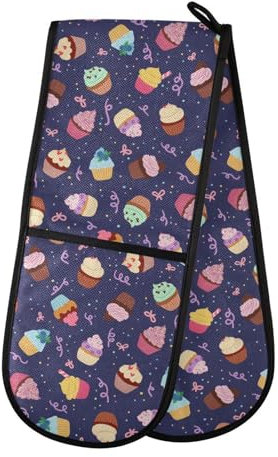 Double Oven Gloves Cute Little Cupcakes Heat Resistant Pot Holder Oven Mitt Gloves for BBQ Cooking Baking Grilling Microwave