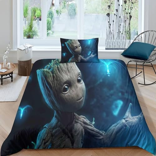 3D-gedrucktes Guardians of The Galaxy Bettbezug Set Bettwäsche 3-teilig,Groot Bettbezüge Mikrofaser Bettbezug Mit Reißverschluss Und Kissenbezug,für Kinder Jugendliche Erwachsene Single(135x200cm)