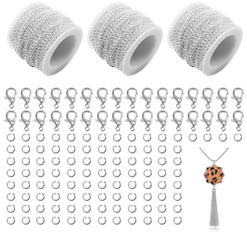 LAINIKE Gliederkette Silber Basteln 3 STK Ketten 15m Edelstahl Gliederkette Schmuck Kette 2.4 mm Kette DIY mit 30 Karabinerverschluss und 60 Biegeringe für Halsketten Armbänder Herstellung Szubehör