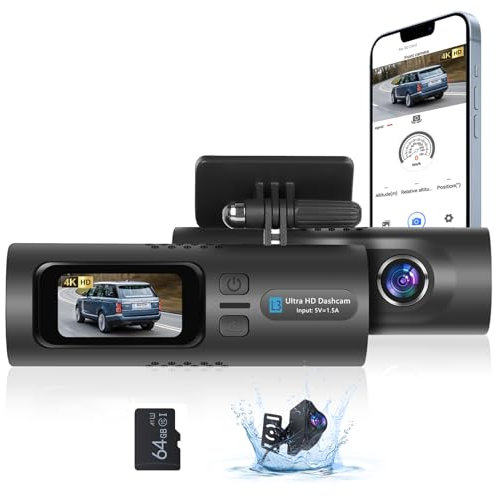 Podofo Dash CAM, 4K HD Mini Cámara Delantera para Coche con Grabación en Bucle, Visión Nocturna, G-Sensor, 24H Modo Aparcamiento, WiFi App, Tarjeta 64G + Cámara Trasera