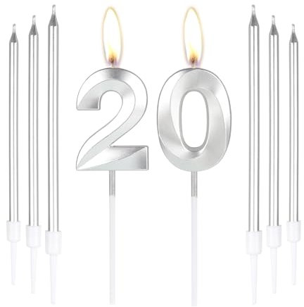 mciskin Silver 20 Birthday Candles-3D Number 20 Candle for Cake with 6pcs Long/Thin Candles Set,Silver Cake Topper for Girl Boy 20th Birthday Decorations Supplies,20th Wedding Anniversary Decorations