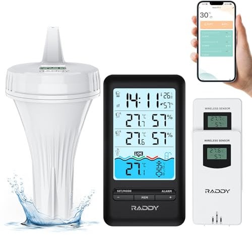 Raddy PT-3 Termómetro para piscina Wi-Fi flotante, monitoreo remoto por APP Fácil de leer, gran pantalla digital, con 2 sensores adicionales, para piscinas interiores y exteriores