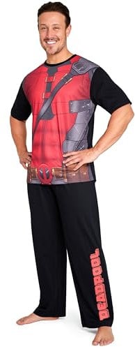Marvel Deadpool and Wolverine Mens Pyjama Set, Soft Comfortable PJs Loungewear - Gifts for Men (Black/Red Deadpool, XL)