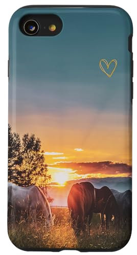 Pferde Sonnenuntergang mit einem schönen goldenen Liebesherz Hülle für iPhone SE (2020) / 7 / 8