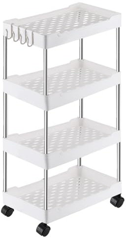 ASelected Storage Trolley 4 Tier Storage Rack On Wheels Kitchen Storage Utility Cart For Office, Living Room, Kitchen, Movable Storage Basket Organizer Shelves, White