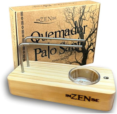 INZENSE- Quemador de Incienso - Quemador Palo Santo Madera + Soporte Palo Santo Metal y Vaso con Vela - Porta Incienso Palo Santo para Quemar - Multifuncional 3 en 1- Pack Regalo - Color Natural.