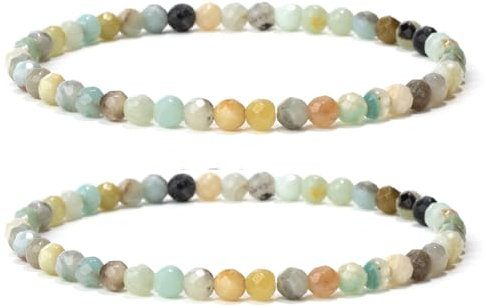 Landorilo 2 Stück Naturstein Facettiertes Perlen Stretch Armband (4mm) für Damen Herren, Yoga Heilstein Armbänder, Freundschaftsarmband, Paar-Armband, Ersatzperlen Inklusive(2F Amazonit)