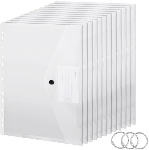 BOENFU Dokumententasche A4 Abheftbar, 20 Stück Transparent Dokumentenmappe A4 zum Abheften, Wasserdicht Dokumenten Mappen mit Druckknopf, 11 Löcher Kunststoff Umschlagmappen