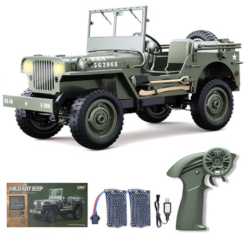 Kodbiby 1/10 Scale Military Truck RC Car, 4WD Off Road LED Lights, 2.4GHz 4WD RC Crawler, 45° Climbing, 2 Rechargeable Batteries, Green, Ages 8+