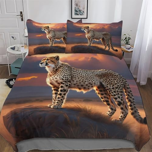 AAPZY Gepard 3D Muster-Bettwäsche-Set 2teilig Mit Bettbezug Und Kissenbezug, Für Jungen Mädchen Schlafzimmer Atmungsaktiv Mikrofaser Bettbezüge Bettgarnitur Single (135x200cm)