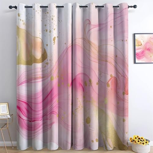 Gardinen H160 x B70 cm (2er Pack) Verdunkelungsvorhänge mit Ösen Aufdruck Mit Aquarell Marmor Linien Muster Superweich Vorhänge Blickdicht Gardinen für Deko Wohnzimmer Schlafzimmer Rosa Gold