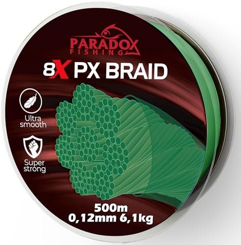 Paradox Fishing 8X PX geflochtene Angelschnur I Tarngrün 500M - 0,12mm - 6,1kg– Angelschnur geflochten- 8fach eng geflochten