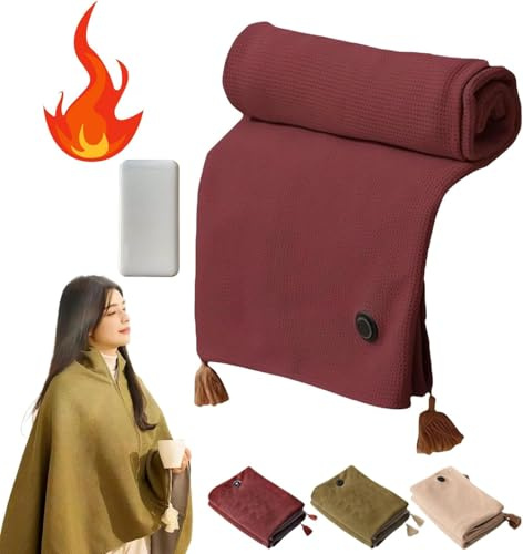 Heated Shawl Wraps For Women, Portable Heated Blanket Shawl Wearable Electric Blanket, Portable Soft Zipper Electric Heated Blanket Shawl 3 Heating Levels Usb Heated Blanket Shawl (Red+power bank)