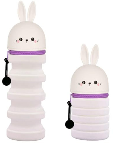 QRKPVHD 2 in 1 Weiche Silikontasche Kawaii Federmäppchen, Tischstifthalter, Reißverschluss, Silikon, Stiftetasche Buntstifte Marker, Büro, niedlicher Schulbedarf, Tier-Stifthalter, Mädchen Kaninchen