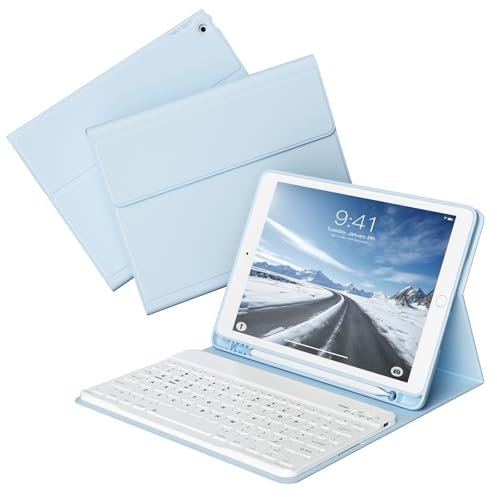 KVTVOU Keyboard case for iPad 9th/8th/7th Generation 10.2 inch Wireless Bluetooth keyboard, portable keyboard with built-in pen slot for iPad 10.2 inch with Auto wake/sleep, Sky Blue