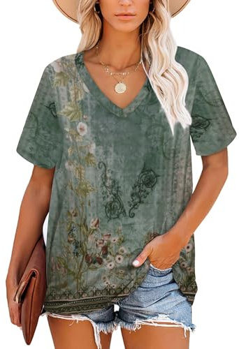 NARRAME Hauts pour Femme T-Shirts Tunique d'été à Manches Courtes Hauts Col en V pour Femme À Fleurs Vert Rose Petit S 34-36
