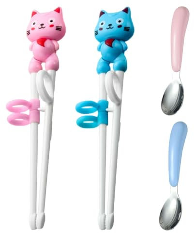 2 Pairs of Children's Chopsticks, 2 Pieces of Children's Spoons, Cartoon Cat Chopsticks, Animal Training Chopsticks, Beginner's Chopsticks, Reusable Tableware