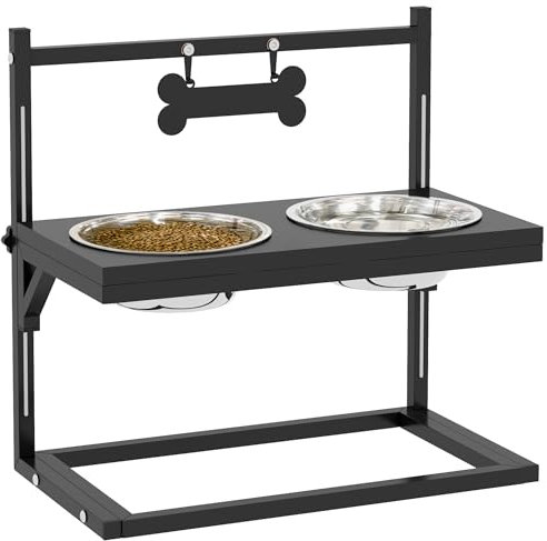 PawHut Gamelles surélevées Chien, 2 Bols en Acier inoxydables Amovibles, avec Plaque Forme d'os, Support réglable en Hauteur 11-33 cm, Noir