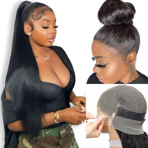 RXY Hidden Straps Perücke Damen Echthaar 360 Full Lace Front Human Hair Wig With Drawstring，Invisible Strap 200% Dichte Straight Echthaar Perücke Pre Plucked With Baby Hair for Women 24 Zoll（61cm)
