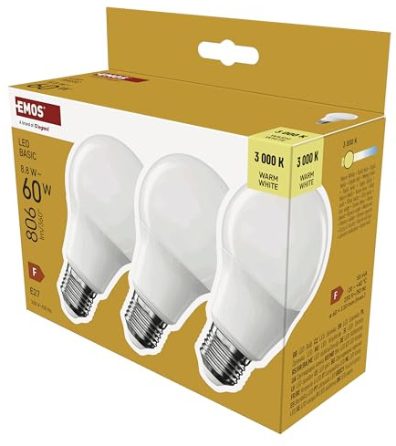 EMOS - LED-Lampe BASIC A60, 3er Pack - E27 Sockel - Warmweiß - 806 lm - 8,8W (Ersatz für 60W Glühbirne) - Lebensdauer 20 000 Stunden - Abstrahlwinkel 200° - CRI min. 80