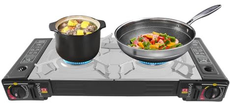 Fornello a gas da campeggio, a 2 fuochi, con piastra per barbecue, per campeggio, feste o altre attività di cucina all'aperto