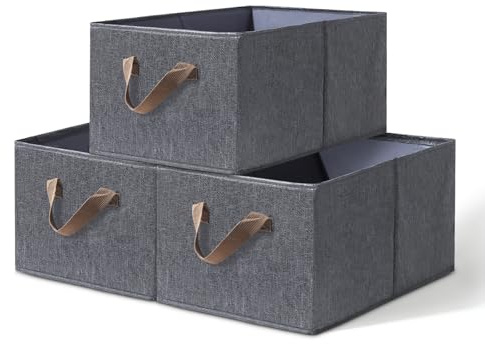 Pomodee Aufbewahrungskorb 3er Set, faltbare Aufbewahrungsbox mit Griffen | Aufbewahrungsbox Stoff, Stoffboxen Aufbewahrung für Kleiderschrank – Kleidung, Spielzeug, Regale, 47x28x20 cm, Grau
