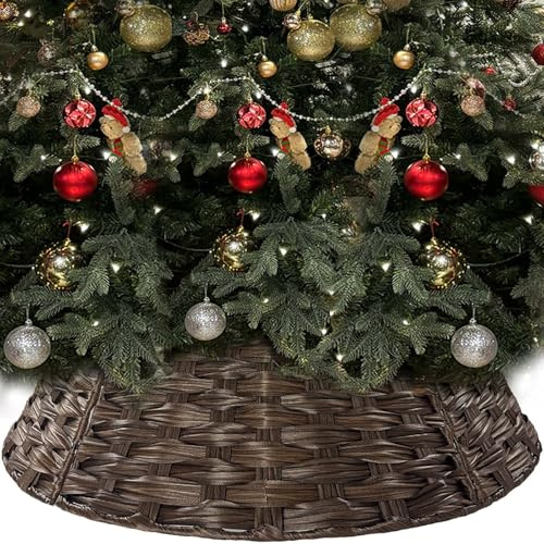 19cm H 40cm Top & 60cm Plastic Christmas Tree Skirt,Round Wicker Xmas Tree Stand Base Collar,Rattan Christmas Tree Skirt Basket Cover