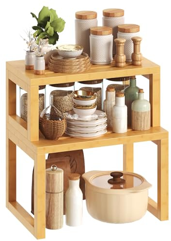 HOOBRO Gewürzregal, 2er Set Küchen-Organizer, Bambus Küchenregal, Schrank-Organizer, Gewürzhalter, kleines Regal für Küche, Esszimmer, Wohnzimmer, Büro, Schlafzimmer, Badezimmer, Natur EYL12TL01