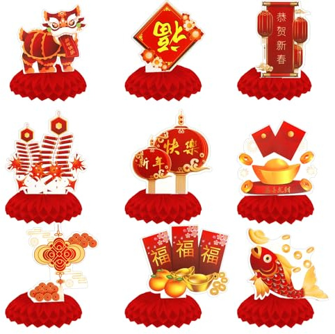 Luktastic 9 Stück Neujahr Wabendekoration, New Year Bienenwabe Deko, 3D Frohes Neues Jahr Thema Tischdekoration, Neujahr Wabenaufsätze Dekorationen, Chinese New Year 2026 Horse