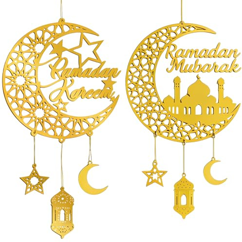 PIujsym 2 Stück Ramadan Deko Holz Gold zum Aufhängen - Ramadan Dekoration Mond & Moschee - Islamische Deko Wanddeko Tür - Ramazan Dekor Anhänger mit Laterne Stern - Eid Mubarak ﻿﻿