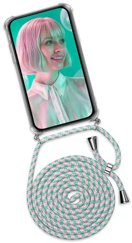 ONEFLOW Handykette für iPhone 17 Pro Max Hülle mit Band, Handyhülle mit Kette abnehmbar, Handyband zum Umhängen, Handy Umhängeband Lange Handykordel, Twist Case – Mint Rosa
