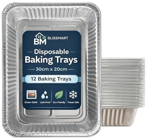BLISSMART Teglie da forno in alluminio, confezione da 12 pezzi, usa e getta, per cottura e preparazione dei pasti, resistenti al calore, per barbecue, arrosti, feste, 30 x 20 x 3,5 cm (12 vassoi)