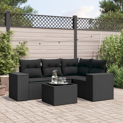 mtlskopl 5-TLG. Gartenlounge Schwarz Poly Rattan wetterfest Ecksofa Mittelsofa Sofa mit Armlehnen und Glastisch 62 x 62 x 69 cm Kleine Sitzecke für Balkon Terrasse Wintergarten