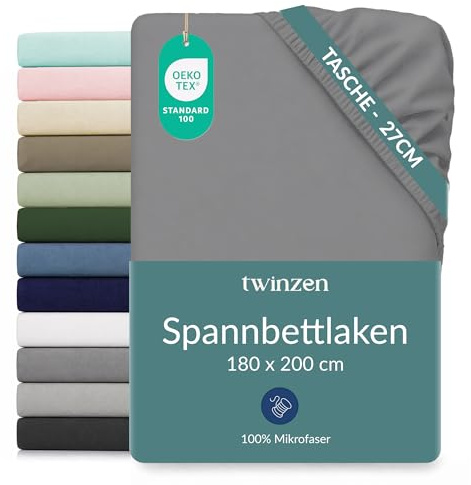 Twinzen Spannbettlaken Mikrofaser 180x200 Anthrazit Steghöhe 25 cm | Weich & hautfreundlich · Atmungsaktiv · Pflegeleicht · Waschbar bei 40 °C · OEKO-TEX