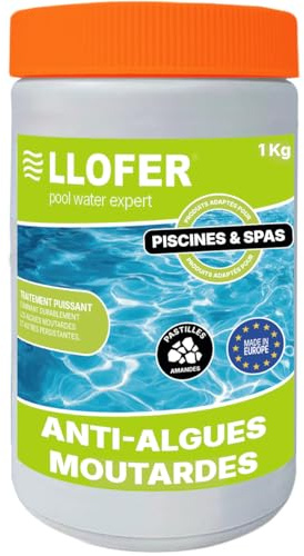 LLOFER Anti-Algues Moutardes Piscine en Pastilles Amandes - 1kg - Traitement Curatif Puissant Contre Les Algues Jaunes Persistantes - Compatible Tous Types de Piscines