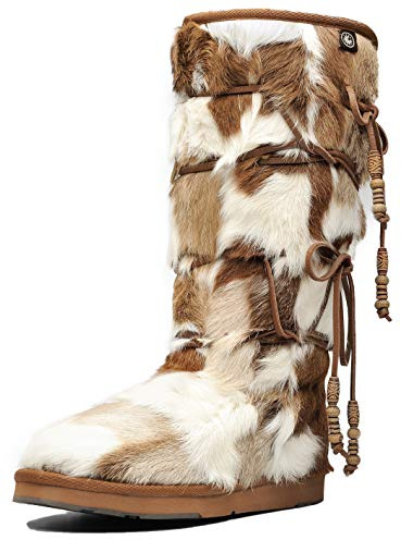AU&MU AUMU Women Sheepskin Fur Wooden Bead String Stylish Knee High Winter Snow Boots Chestnut Size 9