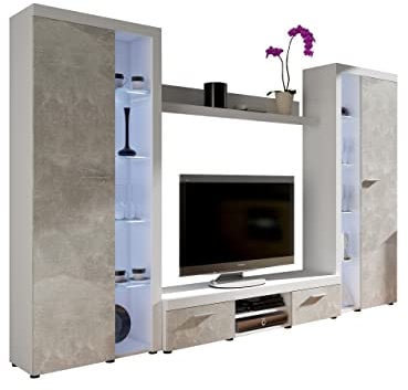 Wohnwand Rango XL, Modernes Wohnzimmer Set, Design Anbauwand, Schrankwand, Mediawand, Vitrine, TV Lowboard, (Weiß/Beton Hell, mit weißer LED Beleuchtung)
