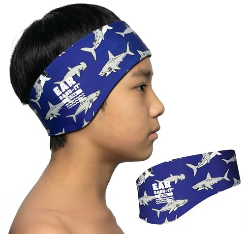 Ear Band-It Ultra Schwimmstirnband (hält Wasser draußen, Ohrstöpsel fest), von Ärzten empfohlen, Größe L (Alter 8 Erwachsene), Haifisch