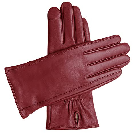 Downholme Touchscreen-Lederhandschuhe mit Innenfutter aus Kaschmir für Damen (Burgunderrot, L)