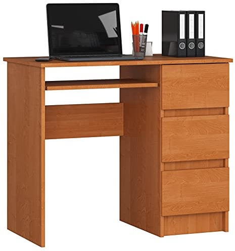 AKORD | Scrivania A-6 con Ripiano per Tastiera | Office Desk | 3 Cassetti a Destra | Scrittoio per Ufficio | Per Computer PC Laptop | 90x77x50 cm | 30 kg Ontano