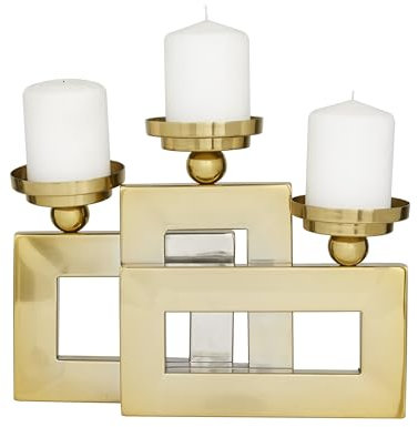 Deco 79 Stainless Steel Metal Decorative Candle Holder Pillar 3 Plate Candle Stand, Candlestick Holder 14 x 6 x 10, Gold
